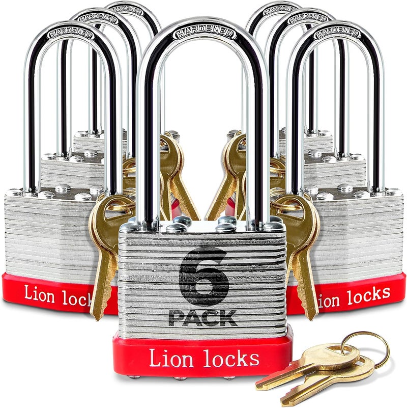 Lion Locks 6 أقفال متشابهة بمفتاح مع شاكلة بطول 2 بوصة، 12 مفتاح - أقفال للاستخدام الخارجي، أقفال مع مفاتيح، علبة فولاذية مقواة، أسطوانة دبوس نحاسية مقاومة للفتح للغلق، الخزانة، البوابة - Image 1