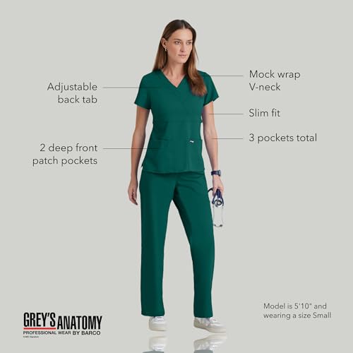 Barco Grey’s Anatomy by BARCO Classic Riley Scrub Top for Women – Hunter Green, 3-Pocket Mock Wrap V-Neck Shirt with Natural Stretch, Soil Release Fabric, and Super-Soft Finish – XXS, Regular Fit - Image 4