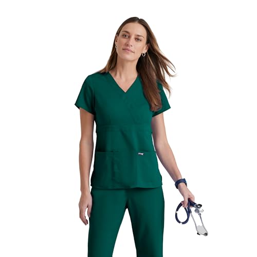 Barco Grey’s Anatomy by BARCO Classic Riley Scrub Top for Women – Hunter Green, 3-Pocket Mock Wrap V-Neck Shirt with Natural Stretch, Soil Release Fabric, and Super-Soft Finish – XXS, Regular Fit - Image 1