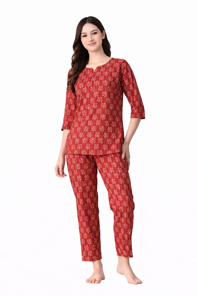 Ichaa Women's Printed Cotton Night Wear Top and Bottom Night Suit Set (XXL) Red - Image 1