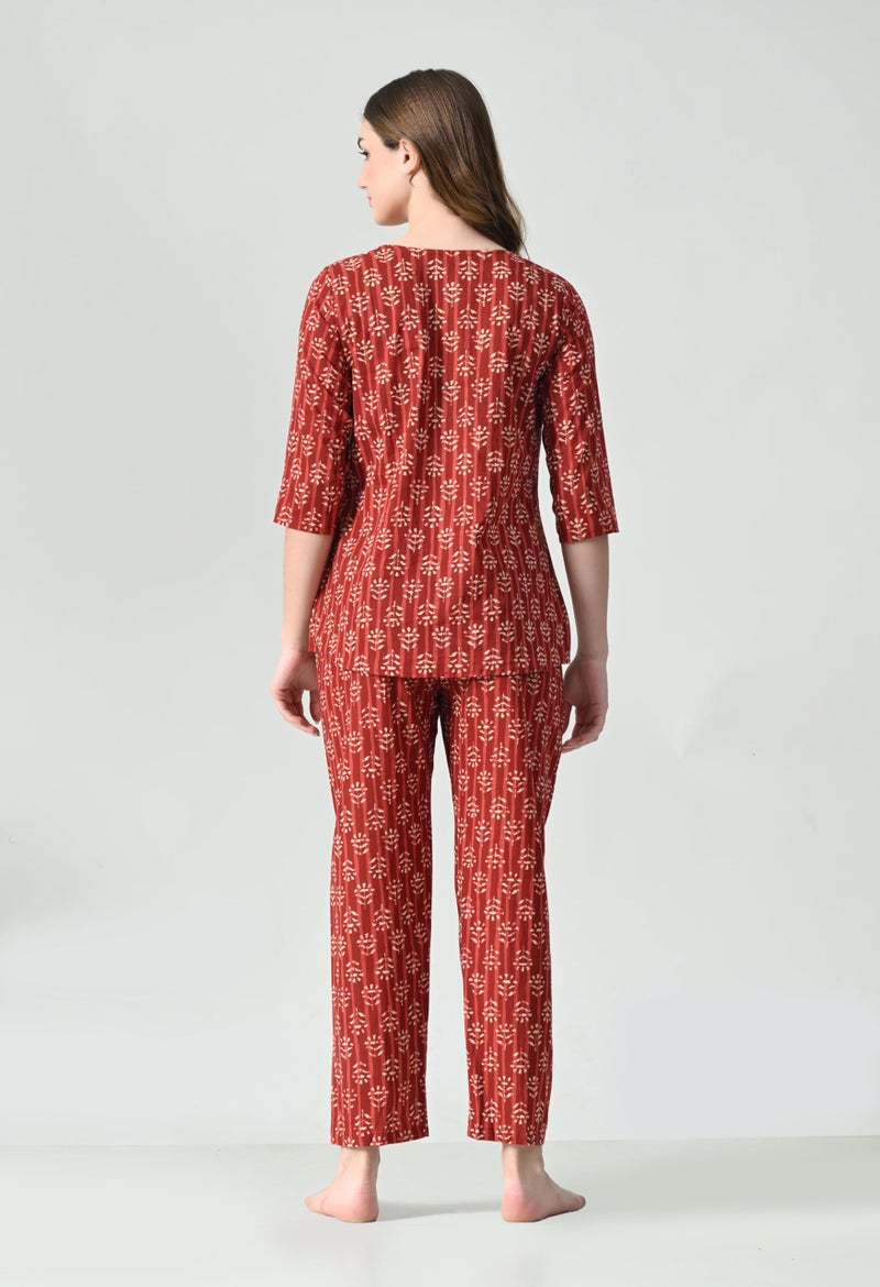 Ichaa Women's Printed Cotton Night Wear Top and Bottom Night Suit Set (XXL) Red - Image 2