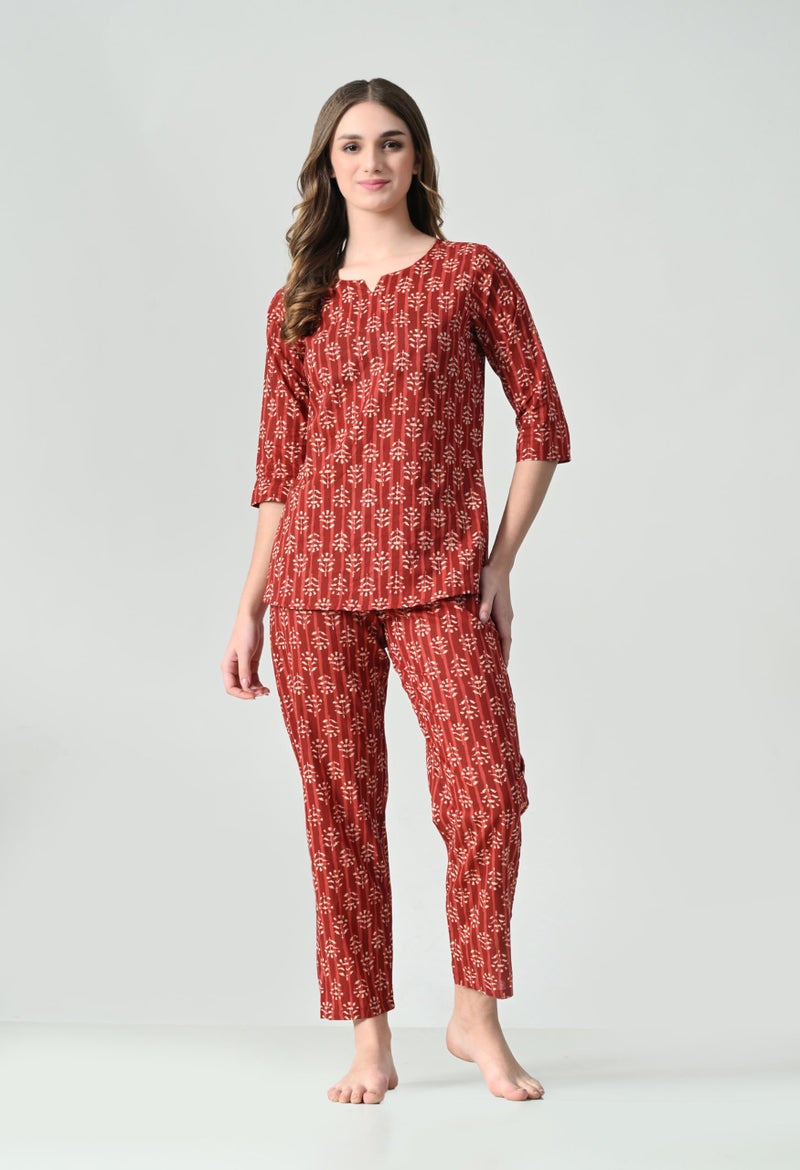 Ichaa Women's Printed Cotton Night Wear Top and Bottom Night Suit Set (XXL) Red - Image 5