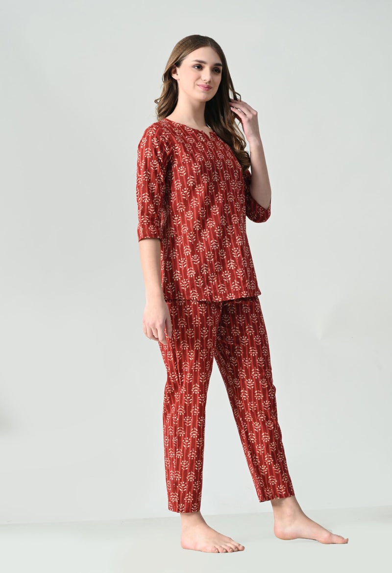 Ichaa Women's Printed Cotton Night Wear Top and Bottom Night Suit Set (XXL) Red - Image 3