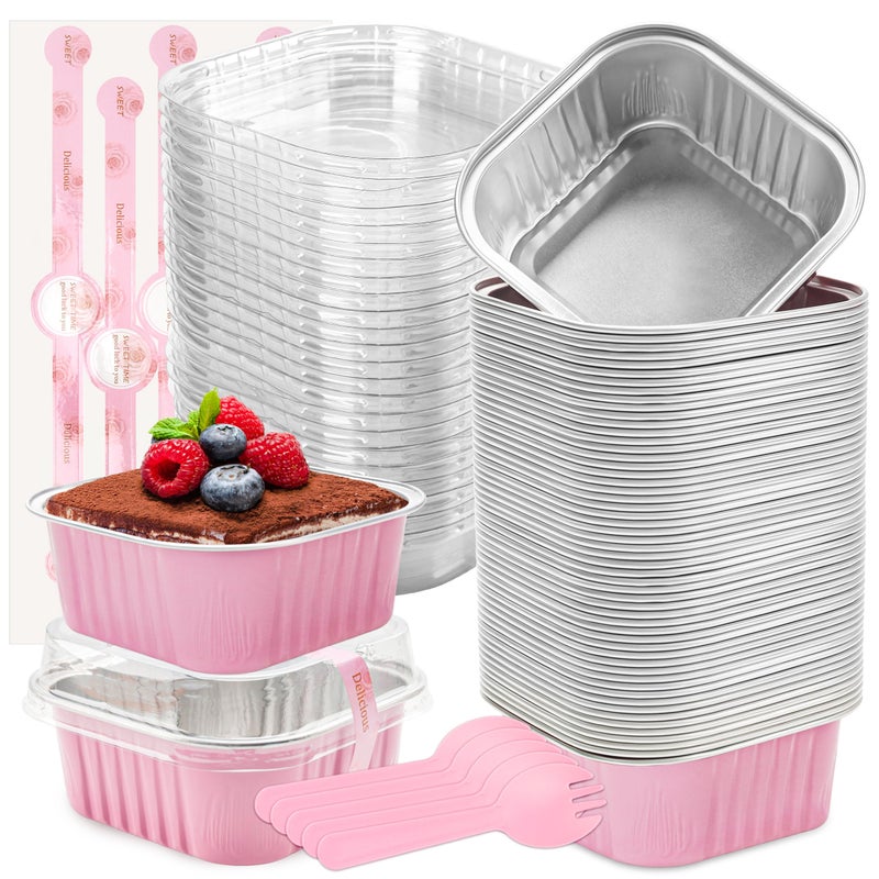LOKQING 50 Pack Mini Cake Pans with Lids and Spoons Small Aluminum Foil Pans Square Baking Cups Disposable Ramekins Cupcake Liners for Brownie Pie Pink 5 oz