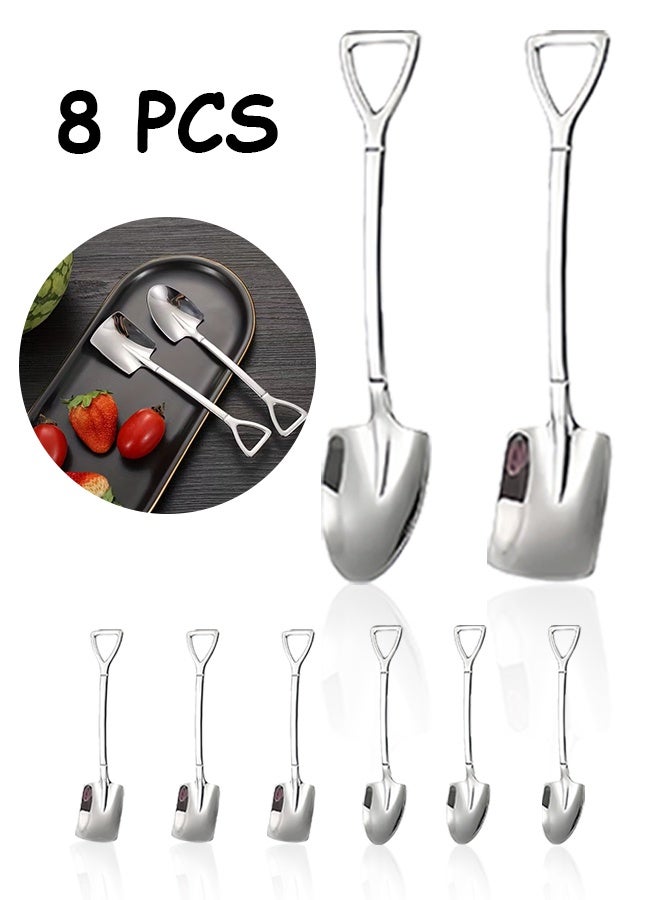 8Pcs Silver Mini Dessert Spoon Set, Shovel Shape Stainless Steel Spoons,Dessert Ice Cream Fruit Spoon for Home,Kitchen or Restaurant Dessert Spoons Flatware - Image 1