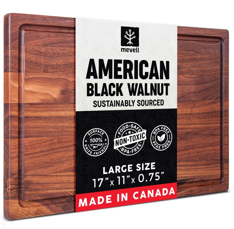 Mevell Walnut Wood Cutting Board for Kitchen, Reversible Wooden Cutting Board With Juice Grooves - Chopping Board, Charcuterie Serving Tray Made in Canada (Walnut, 17x11x0.75) - Image 1