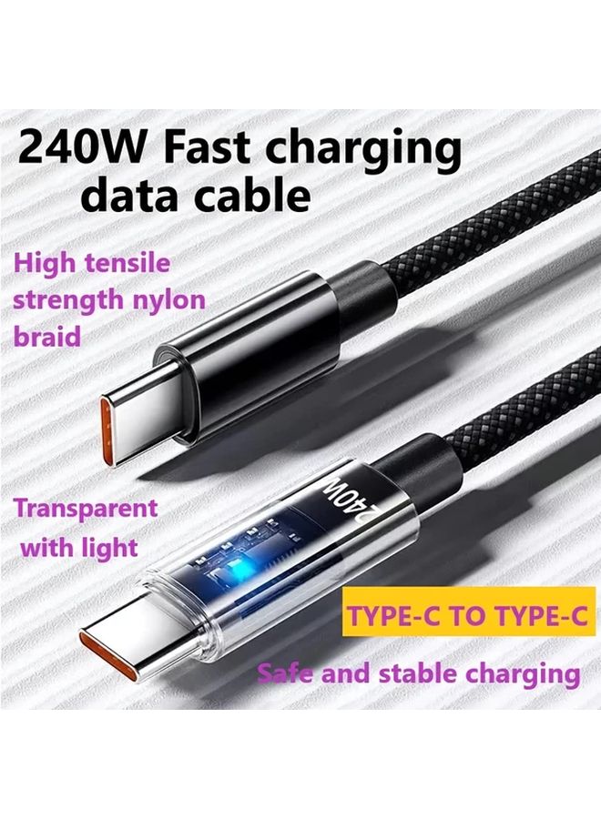 240W Fast Charging Cable Dual Type C Braided 150cm Transparent Light For Multiple Devices - Image 1