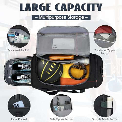 IGOLUMON Gym Bag for Men 55L Sports Duffel Bags Gym Duffle Bag Women with Shoe Compartment & Wet Pocket Water Resistant Travel Duffel Bag Lightweight Weekender Overnight Bag Black - Image 3