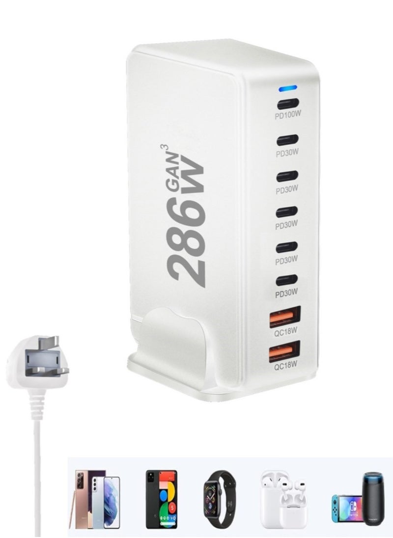286W GaN USB C Charger, 8 Port Type C Fast Charging Station Hub Block, Wall Charger Power Strip Adapter Plug Cube 6 PD USB C 2 QC USB A Laptop Charger for MacBook Air Sumsung S23 iPhone 15 14 iPad