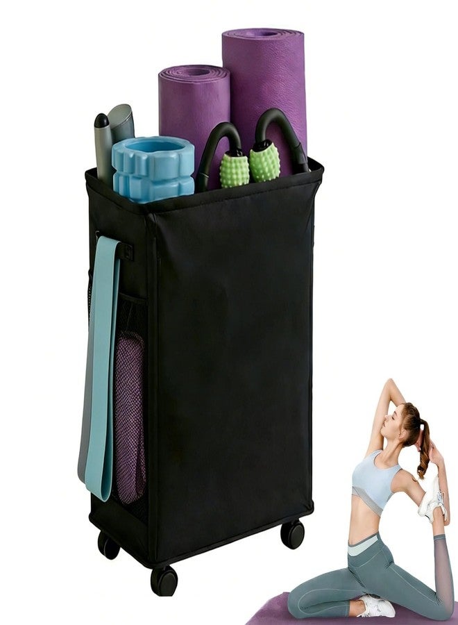 Funvalley Surperfect Yoga Mat Holder, Gym Mats Storage Rack with Wheels, Foldable Fitness Equipment Organizer for Home Gym Decor – Holds 4 Mats, 2 Foam Rollers, 6 Bands, with Mesh Pockets - Image 1