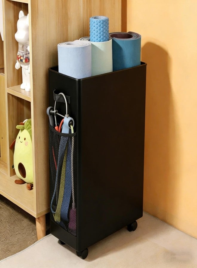 Funvalley Surperfect Yoga Mat Holder, Gym Mats Storage Rack with Wheels, Foldable Fitness Equipment Organizer for Home Gym Decor – Holds 4 Mats, 2 Foam Rollers, 6 Bands, with Mesh Pockets - Image 2