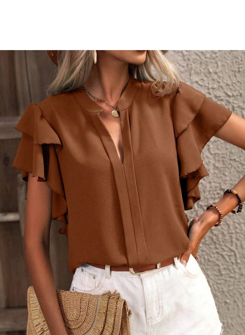 Shougu New V-neck Casual Solid Color Shirt Top  - Image 1