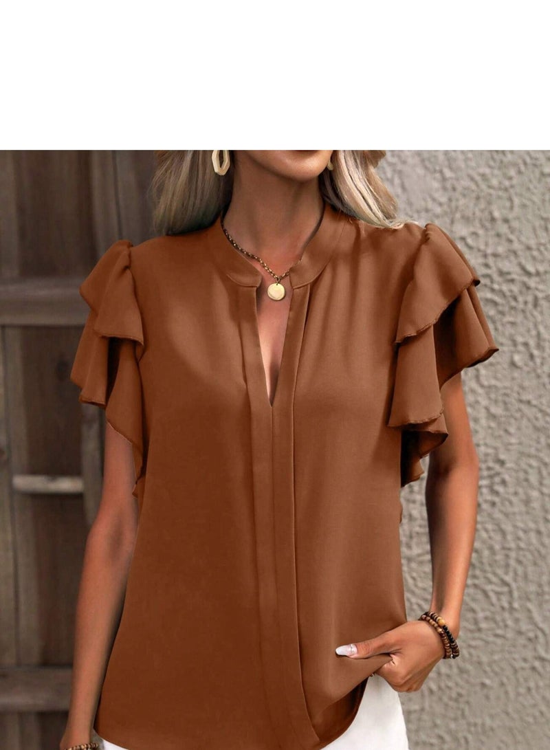 Shougu New V-neck Casual Solid Color Shirt Top  - Image 3