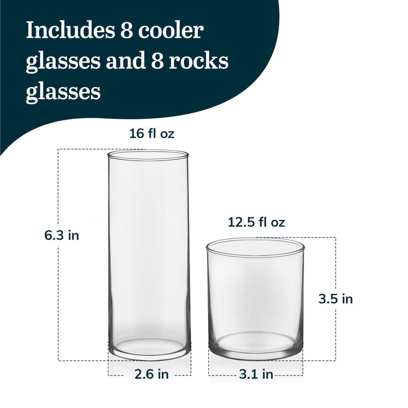 Libbey Miles Tumbler and Rocks Bar Drinkware Glasses Set, Clear All-Purpose 16 Piece Glassware Set, Sleek Glass Drinking Cups for Everyday Use - Image 3
