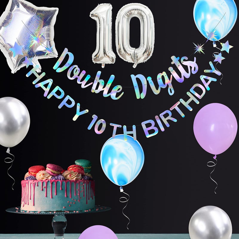 pinkblume Iridescent Double Digits Happy 10Th Birthday Banner Garland Foil Balloon 10 For Girls Boys 10Th Birthday Decorations Hanging 10 And Fabulous Cheers To 10 Years Old Ten Birthday Party Supplies Backdrop - Image 4
