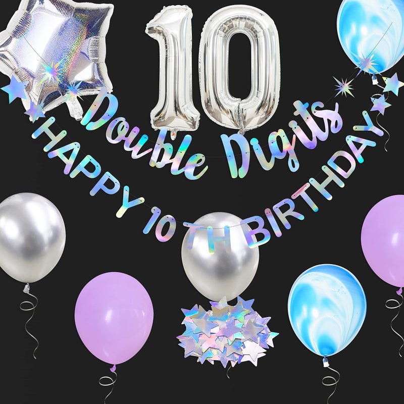 pinkblume Iridescent Double Digits Happy 10Th Birthday Banner Garland Foil Balloon 10 For Girls Boys 10Th Birthday Decorations Hanging 10 And Fabulous Cheers To 10 Years Old Ten Birthday Party Supplies Backdrop - Image 1