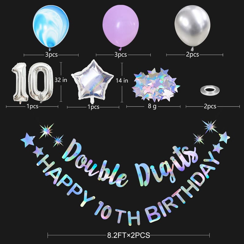 pinkblume Iridescent Double Digits Happy 10Th Birthday Banner Garland Foil Balloon 10 For Girls Boys 10Th Birthday Decorations Hanging 10 And Fabulous Cheers To 10 Years Old Ten Birthday Party Supplies Backdrop - Image 2