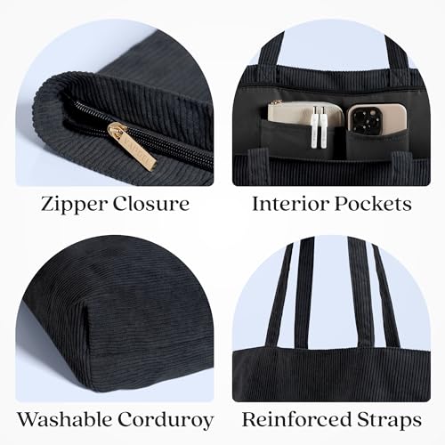 VANDEL Corduroy Tote Bag for Women and Men with Zipper and Inner Pockets. Cute School Tote Bag with Zipper, Aesthetic - Image 2