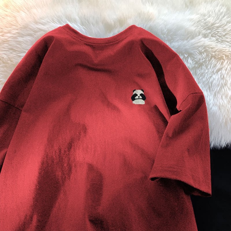 Embroidery heavyweight 100% pure cotton short-sleeved T-shirt men's fashion brand ins loose summer T-shirt red panda embroidered T-shirt top - Image 2