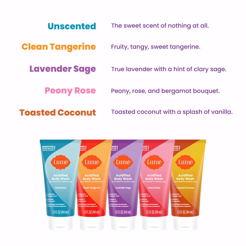 Lume Acidified Body Wash 5 Pack Minis - 24 Hour Odor Control - Moisturizing Formulated Without SLS & Parabens - 1.5 ounce Tubes (Clean Tangerine, Lavender Sage, Peony Rose, Toasted Coconut, Unscented) - Image 2