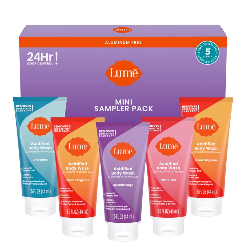Lume Acidified Body Wash 5 Pack Minis - 24 Hour Odor Control - Moisturizing Formulated Without SLS & Parabens - 1.5 ounce Tubes (Clean Tangerine, Lavender Sage, Peony Rose, Toasted Coconut, Unscented) - Image 1