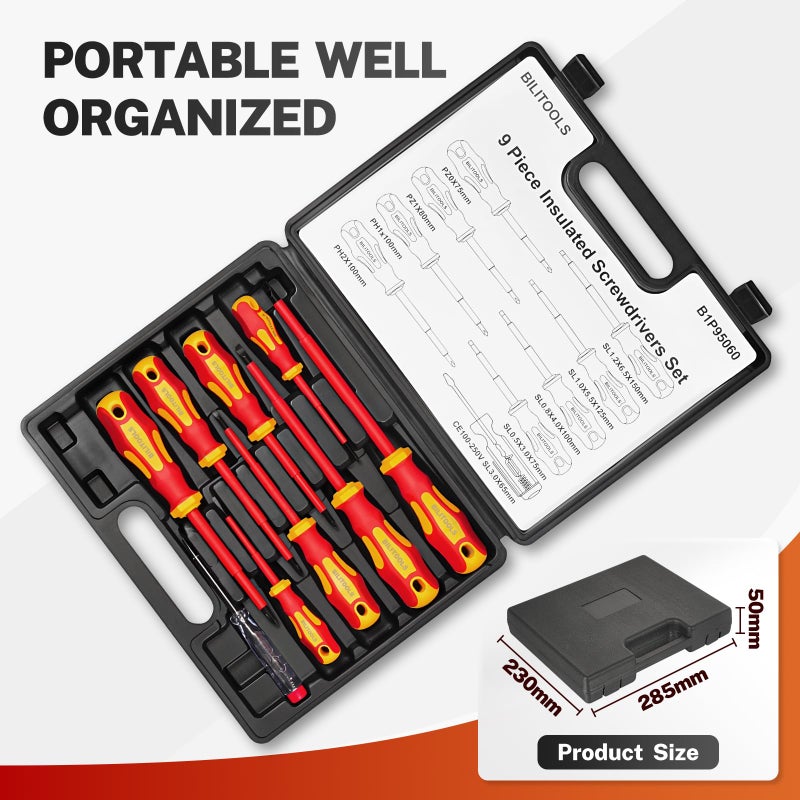 BILITOOLS Insulated Screwdriver Set, 9pcs 1000V Electrical Screwdriver Insulated VDE Tools for Electrician Magnetic Phillips Slotted Pozidriv Tips - Image 5