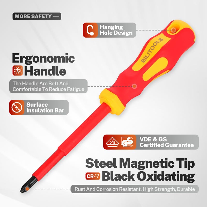 BILITOOLS Insulated Screwdriver Set, 9pcs 1000V Electrical Screwdriver Insulated VDE Tools for Electrician Magnetic Phillips Slotted Pozidriv Tips - Image 4