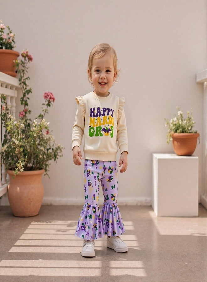 Mobbdow Toddler Baby Girl Outfit Letter Print Ruffle Long Sleeve Sweatshirt Top Flare Pants 2Pcs Clothes Set (A-Apricot&Purple, 18-24 Months) - Image 2