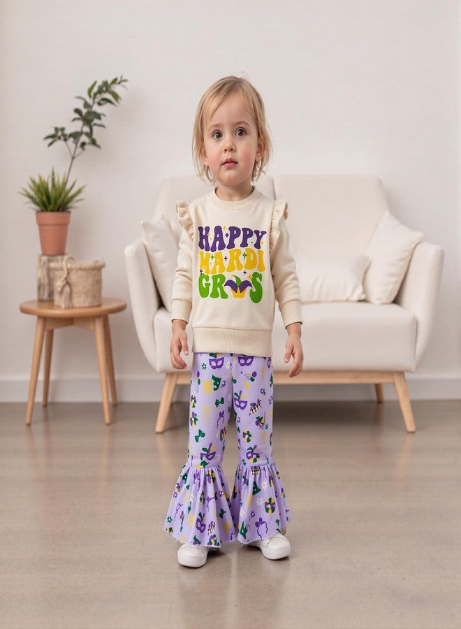 Mobbdow Toddler Baby Girl Outfit Letter Print Ruffle Long Sleeve Sweatshirt Top Flare Pants 2Pcs Clothes Set (A-Apricot&Purple, 18-24 Months) - Image 3