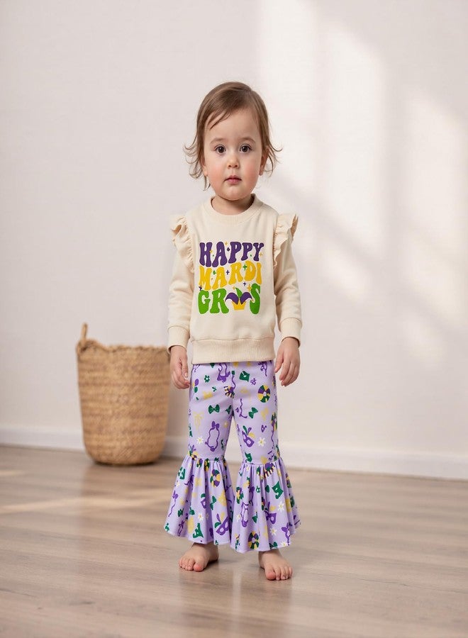 Mobbdow Toddler Baby Girl Outfit Letter Print Ruffle Long Sleeve Sweatshirt Top Flare Pants 2Pcs Clothes Set (A-Apricot&Purple, 18-24 Months) - Image 4