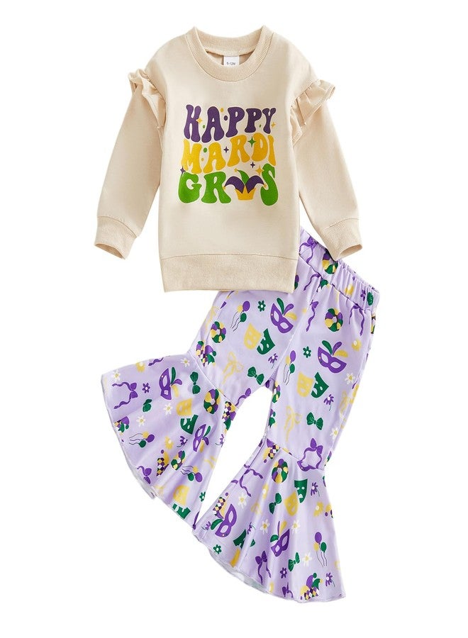 Mobbdow Toddler Baby Girl Outfit Letter Print Ruffle Long Sleeve Sweatshirt Top Flare Pants 2Pcs Clothes Set (A-Apricot&Purple, 18-24 Months) - Image 1