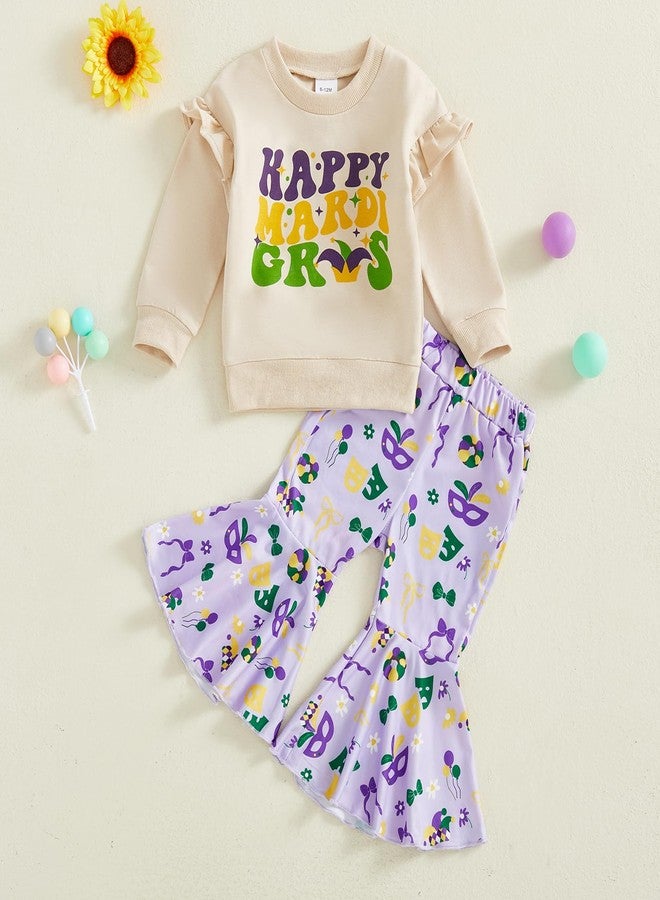 Mobbdow Toddler Baby Girl Outfit Letter Print Ruffle Long Sleeve Sweatshirt Top Flare Pants 2Pcs Clothes Set (A-Apricot&Purple, 18-24 Months) - Image 5