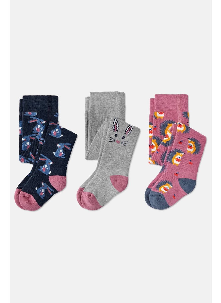 Tchibo Toddler Girls 3 Pk Graphic Tights, Pink and Grey and Navy  - Image 2