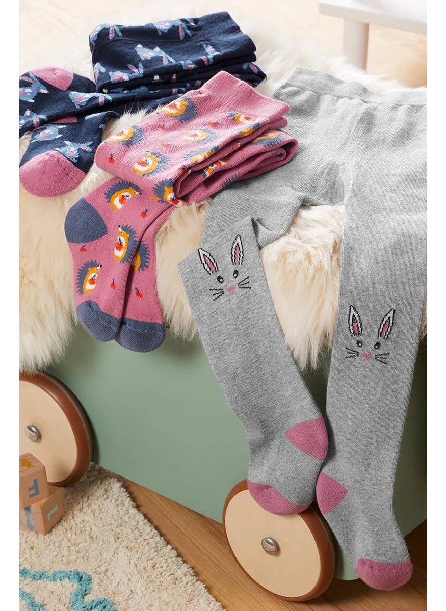 Tchibo Toddler Girls 3 Pk Graphic Tights, Pink and Grey and Navy  - Image 1