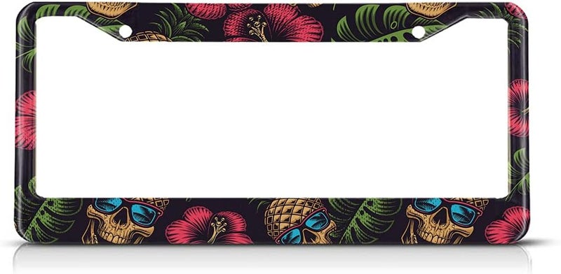Beabes Pineapple License Plate Frame Floral Hibiscus Novelty License Plate Frame Skull Hawaii Theme License Plate Cover Car Tag Holder Metal License Plate Frame for US Vehicles Standard - Image 1