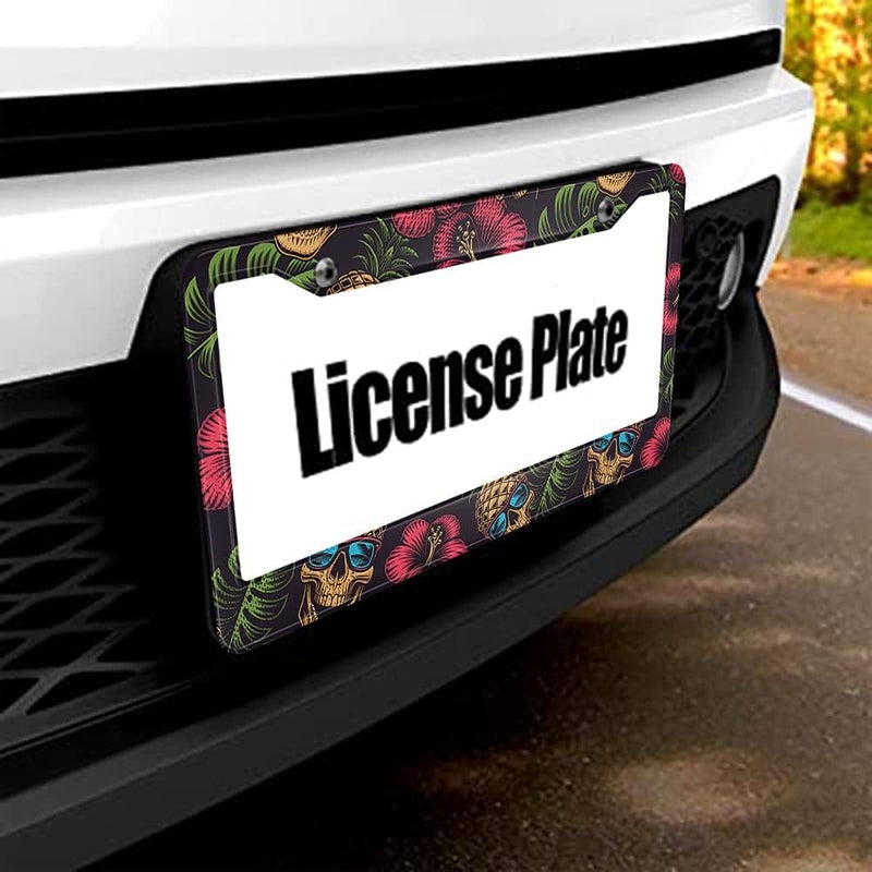 Beabes Pineapple License Plate Frame Floral Hibiscus Novelty License Plate Frame Skull Hawaii Theme License Plate Cover Car Tag Holder Metal License Plate Frame for US Vehicles Standard - Image 5