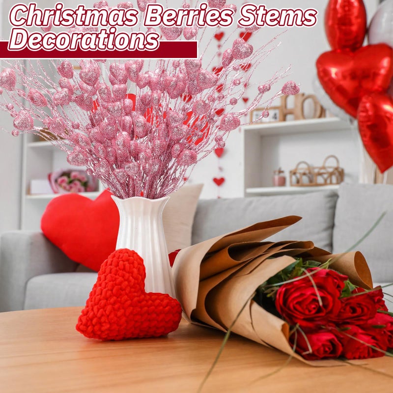 Solsew 16 Pcs 17 Inch Valentine's Day Decorations Valentines Glitter Heart Picks Heart Pink Foam Stems Valentines Tree Ornaments for Tree Topper Wedding Anniversary Vase Decor - Image 4