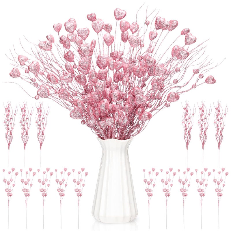 Solsew 16 Pcs 17 Inch Valentine's Day Decorations Valentines Glitter Heart Picks Heart Pink Foam Stems Valentines Tree Ornaments for Tree Topper Wedding Anniversary Vase Decor - Image 1