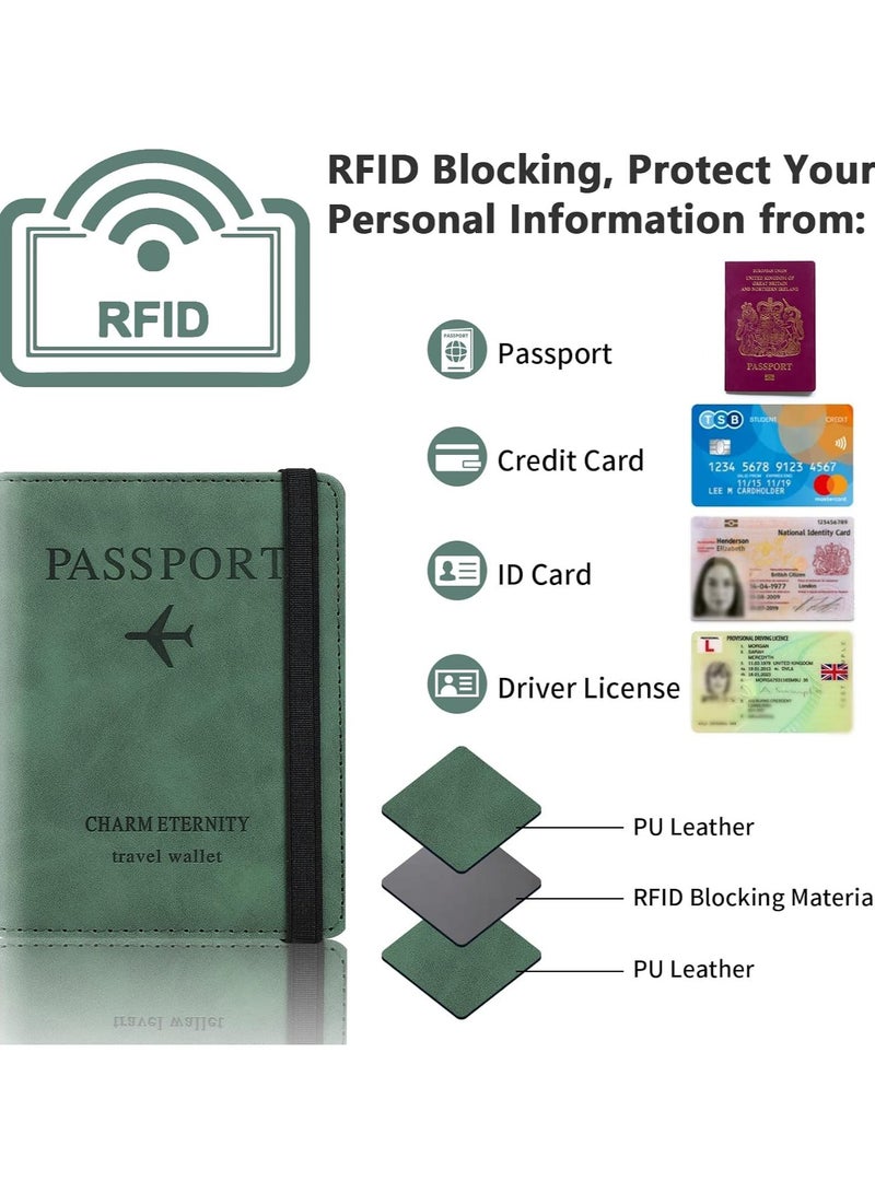 حافظة جواز السفر، حافظة جواز السفر مع حجب RFID، حامل وثائق السفر من الجلد الصناعي للرجال والنساء (أخضر) - Image 3