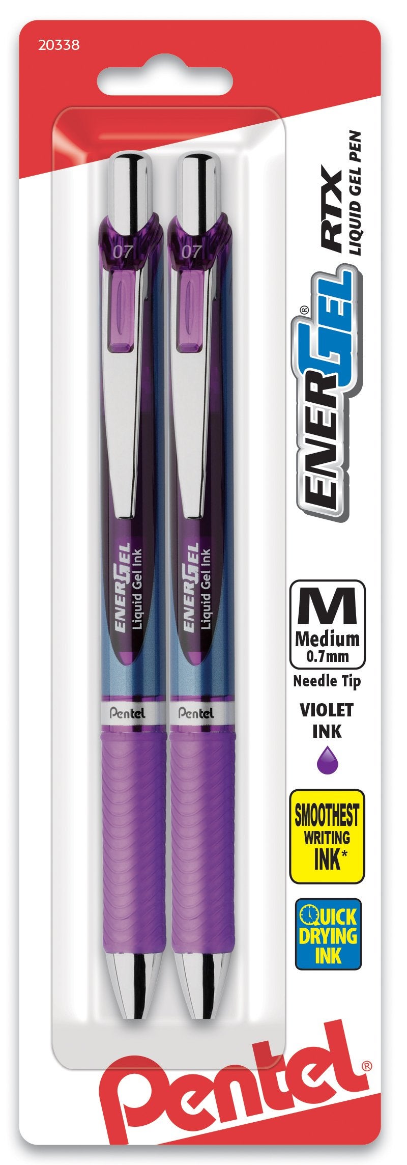 Pentel Gel Ink Pen, EnerGel RTX Retractable Gel Pen, 0.7mm, Needle Tip, Violet Ink, 2 Pack (BLN77BP2V) - Image 1