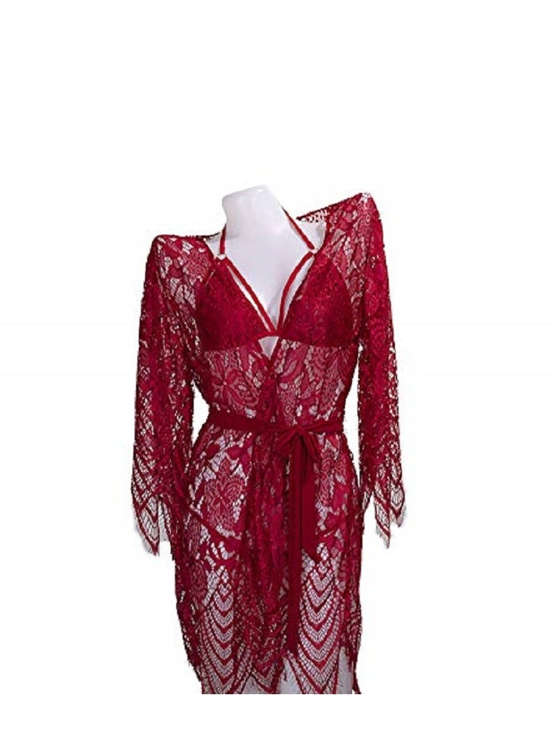 Women Lingerie Robe Lace Kimono Bathrobes  Nightgowns Babydoll Mini V Neck Nighty Sleepwear  - Image 1