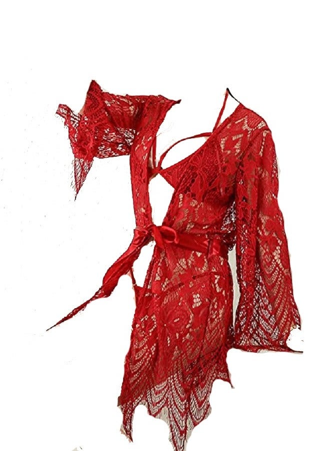 Women Lingerie Robe Lace Kimono Bathrobes  Nightgowns Babydoll Mini V Neck Nighty Sleepwear  - Image 2