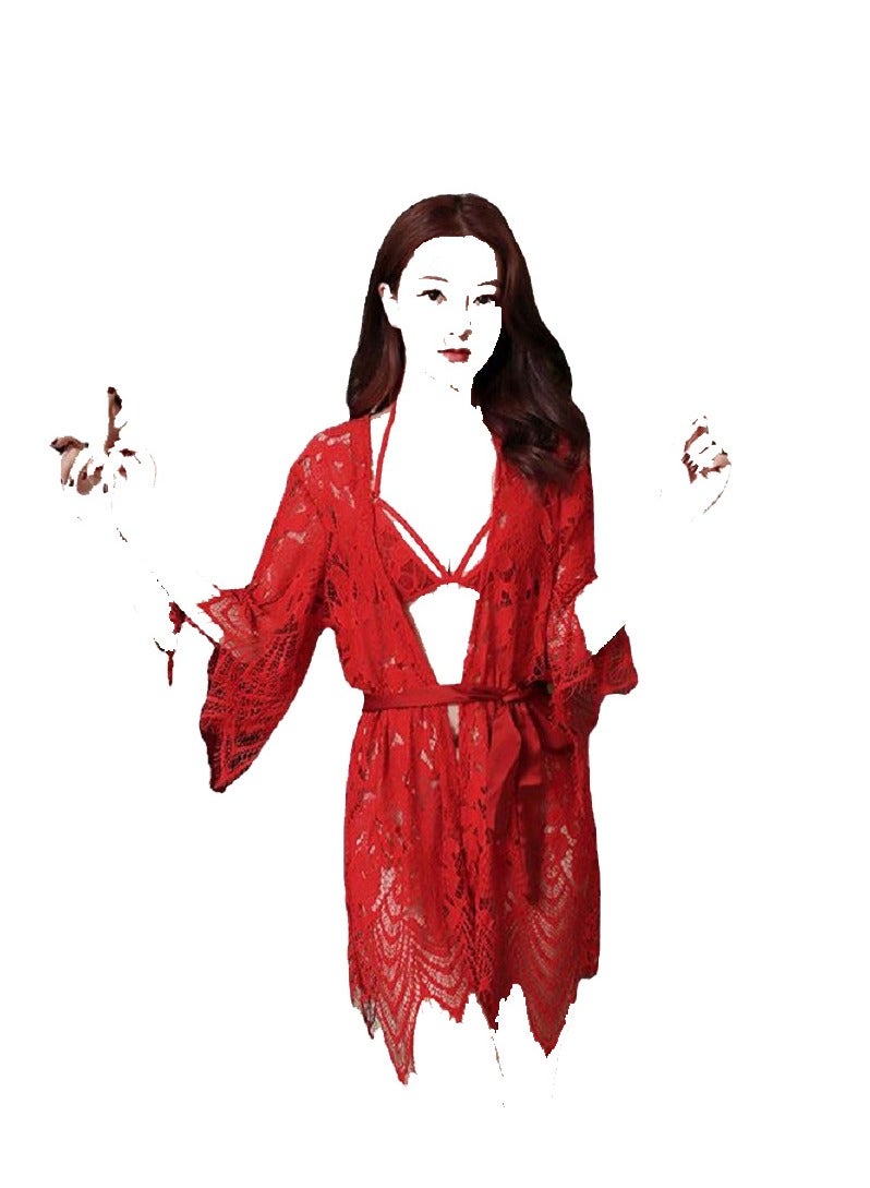 Women Lingerie Robe Lace Kimono Bathrobes  Nightgowns Babydoll Mini V Neck Nighty Sleepwear  - Image 3