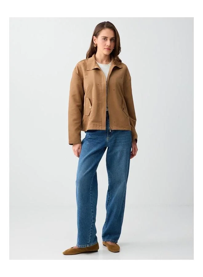 Jimmy Key Camel Hair Comfortable Cut Stone-Embellished Waist-Elasticated Knitted Jacket.