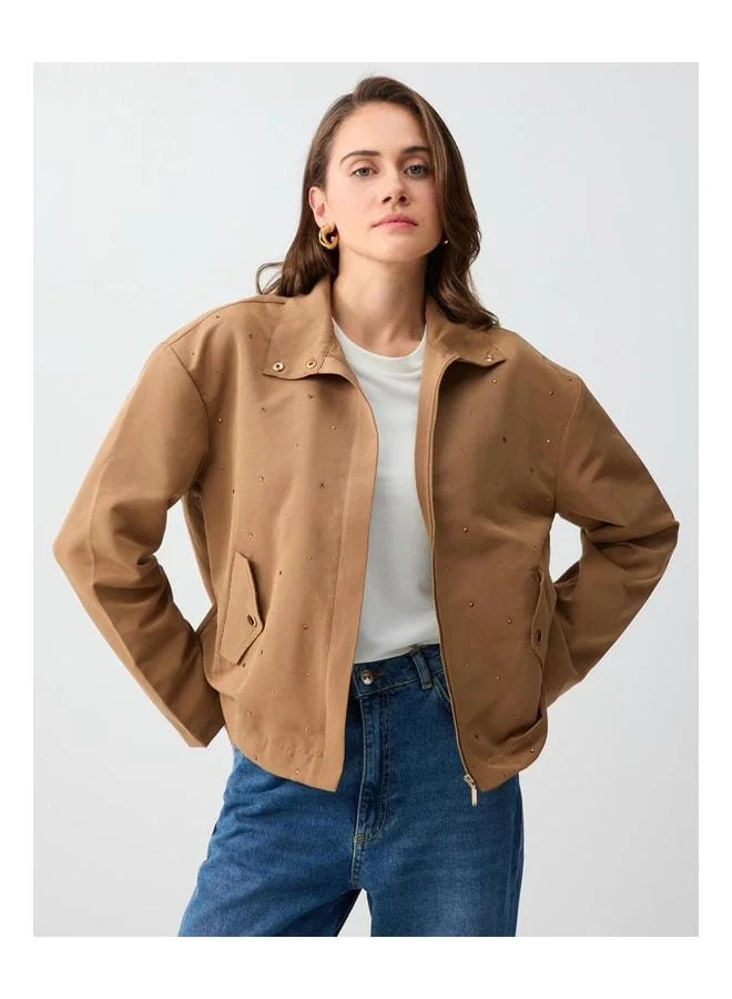 Jimmy Key Camel Hair Comfortable Cut Stone-Embellished Waist-Elasticated Knitted Jacket.