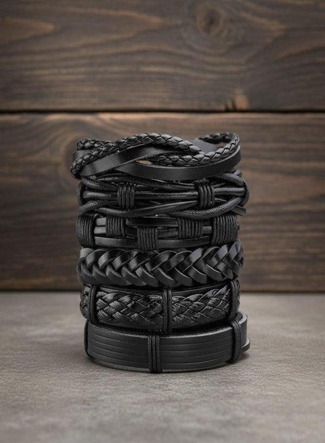 Vientiq Men's PU Leather Set of 4 Black Multistring Bracelets - Image 4