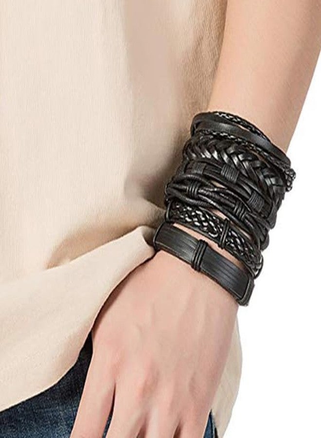 Vientiq Men's PU Leather Set of 4 Black Multistring Bracelets - Image 5