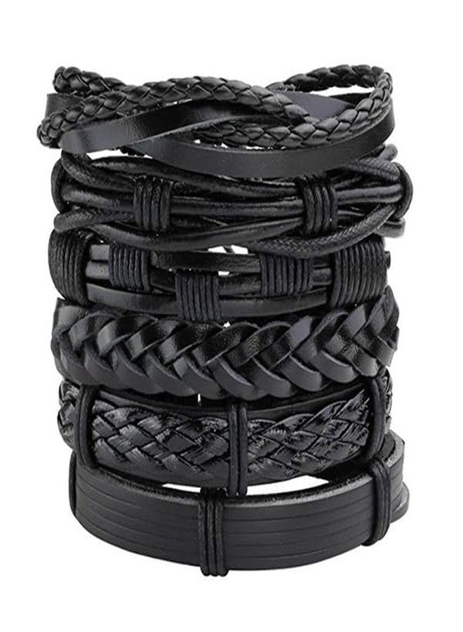 Vientiq Men's PU Leather Set of 4 Black Multistring Bracelets - Image 1