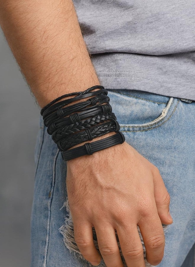 Vientiq Men's PU Leather Set of 4 Black Multistring Bracelets - Image 2