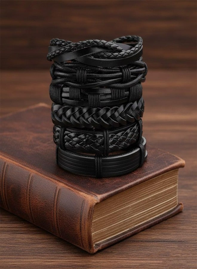 Vientiq Men's PU Leather Set of 4 Black Multistring Bracelets - Image 3
